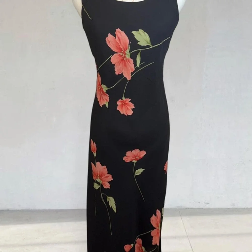 Vintage Y2K black floral slip dress classic early 2000s silhouette - Picture 1 of 5